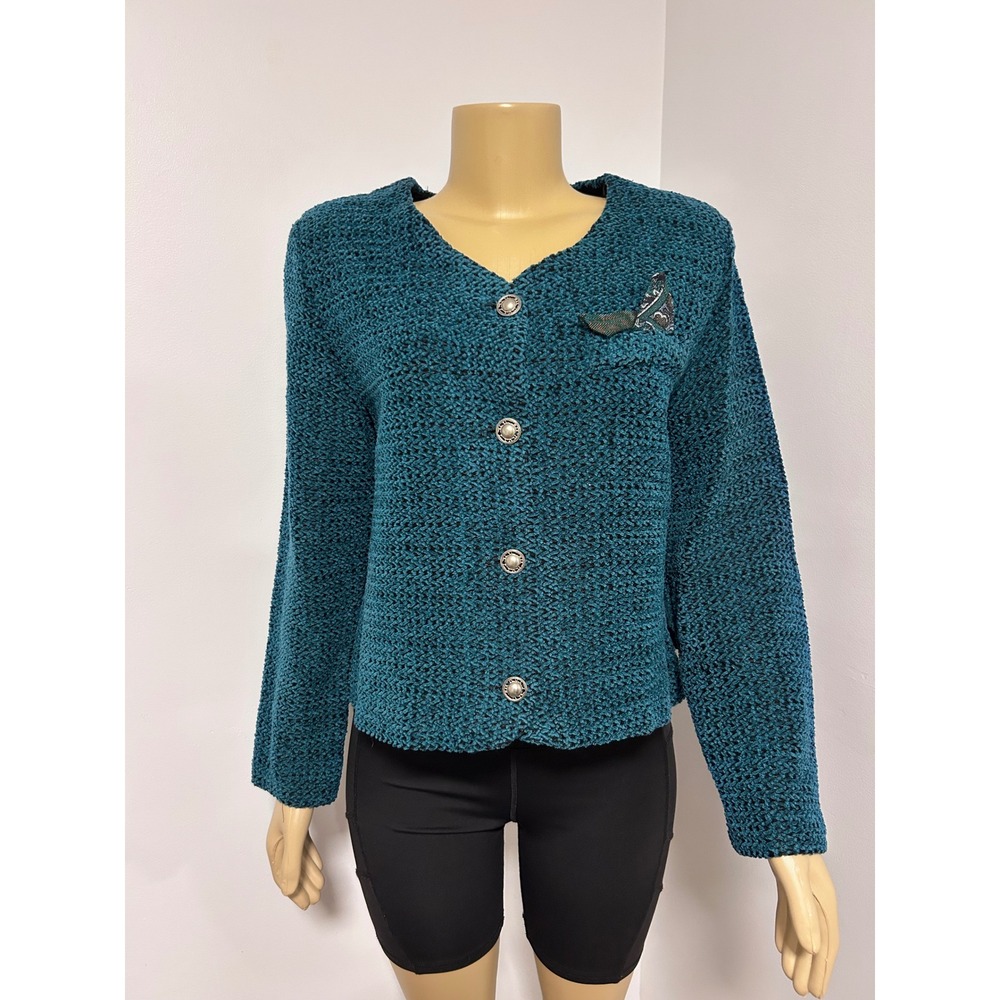 Melissa Kay Vintage Teal Blue Textured Knit Button Front Jacket 60842‎ Size 12